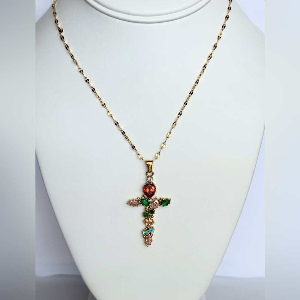 Elegant Gold and Multicolor Cross Pendant Necklace